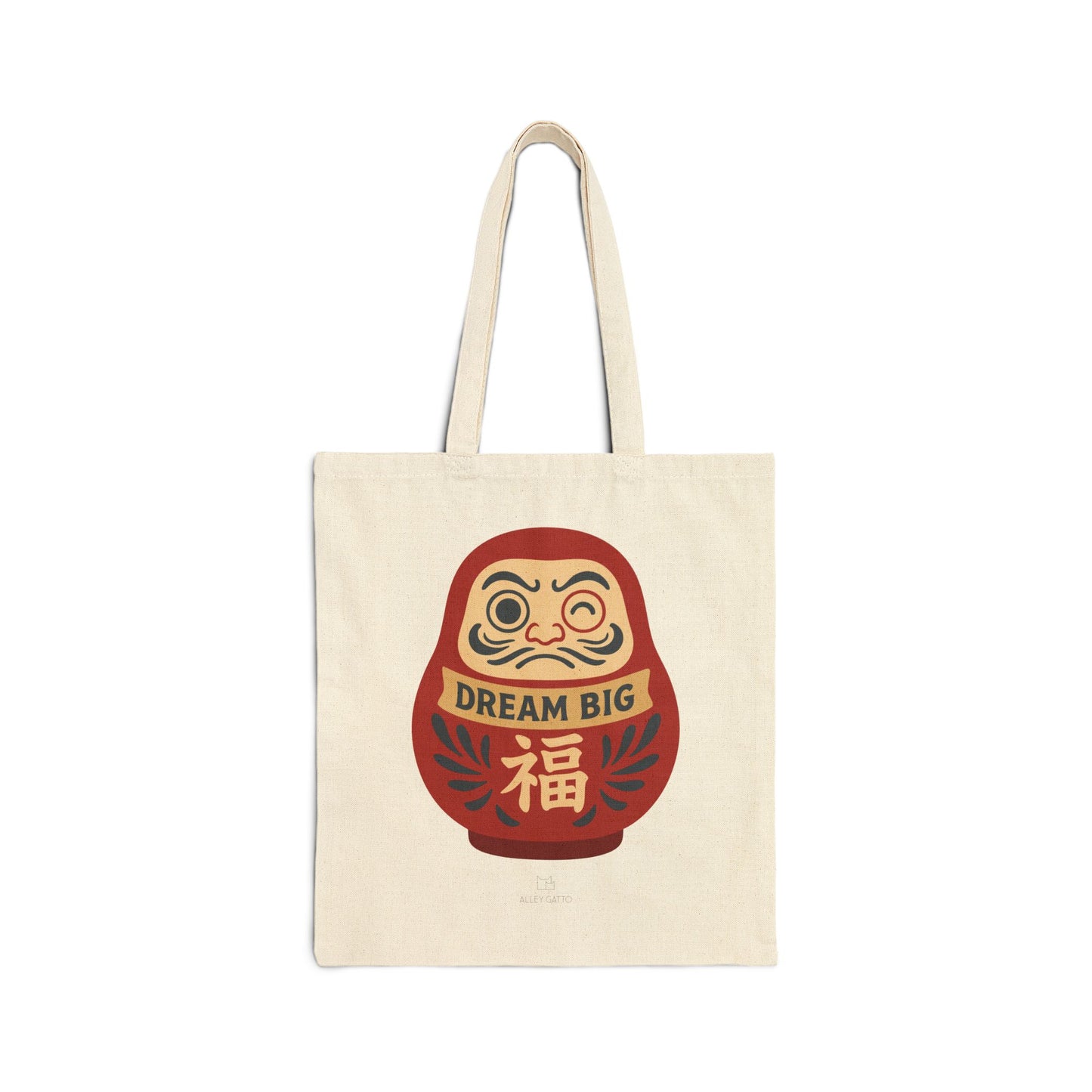 Dream Big Make a Wish Tote Japanese Style Shopping Bag Daruma Doll Pattern Good Luck Charm Canvas Construction Heavy Duty Material Dream Come True Daily Carry Asian Design Elements Fortune Symbol Details Natural Fabric Quality Shoulder