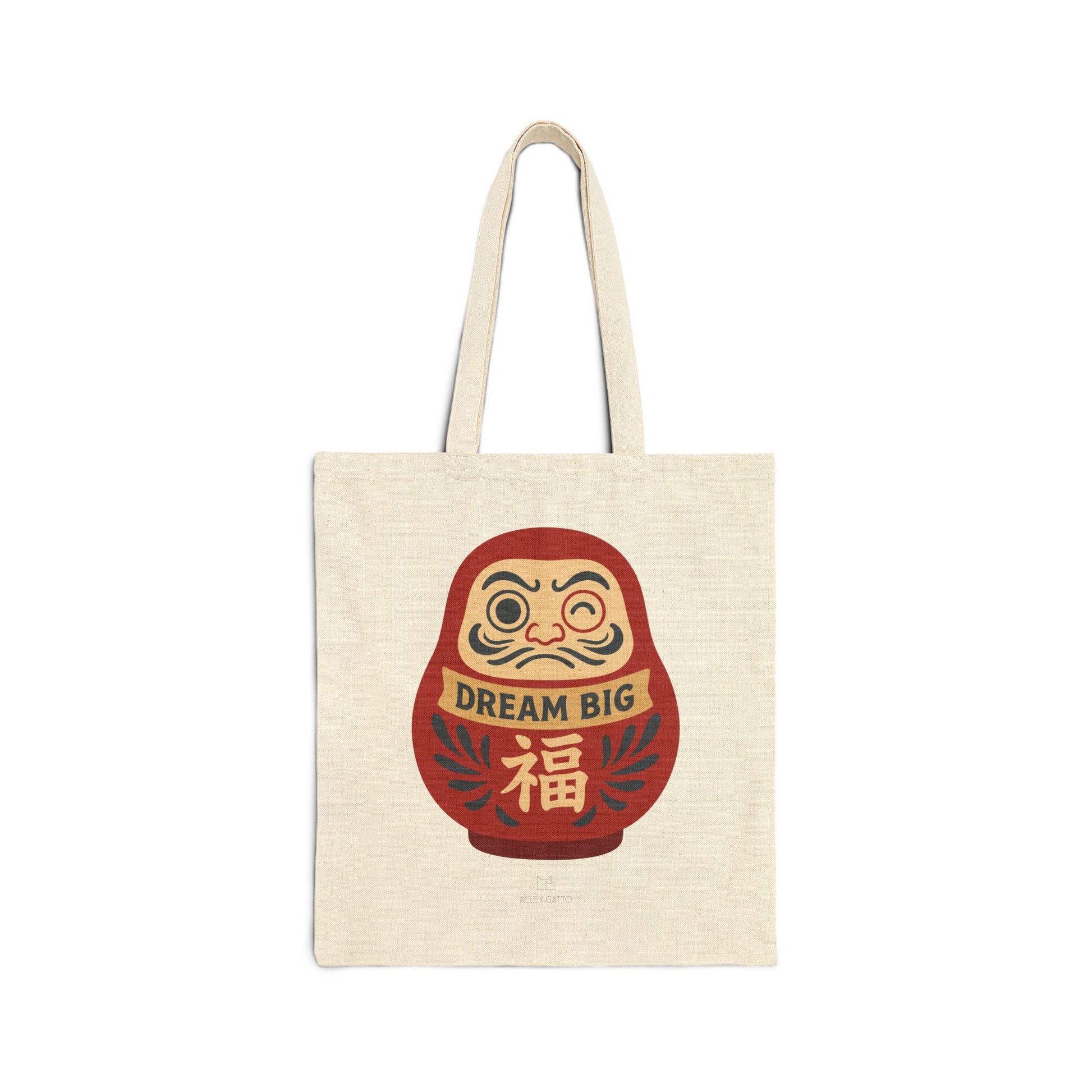 Dream Big Make a Wish Tote Japanese Style Shopping Bag Daruma Doll Pattern Good Luck Charm Canvas Construction Heavy Duty Material Dream Come True Daily Carry Asian Design Elements Fortune Symbol Details Natural Fabric Quality Shoulder
