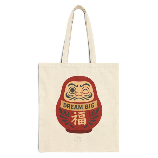 Dream Big Make a Wish Tote Japanese Style Shopping Bag Daruma Doll Pattern Good Luck Charm Canvas Construction Heavy Duty Material Dream Come True Daily Carry Asian Design Elements Fortune Symbol Details Natural Fabric Quality Shoulder