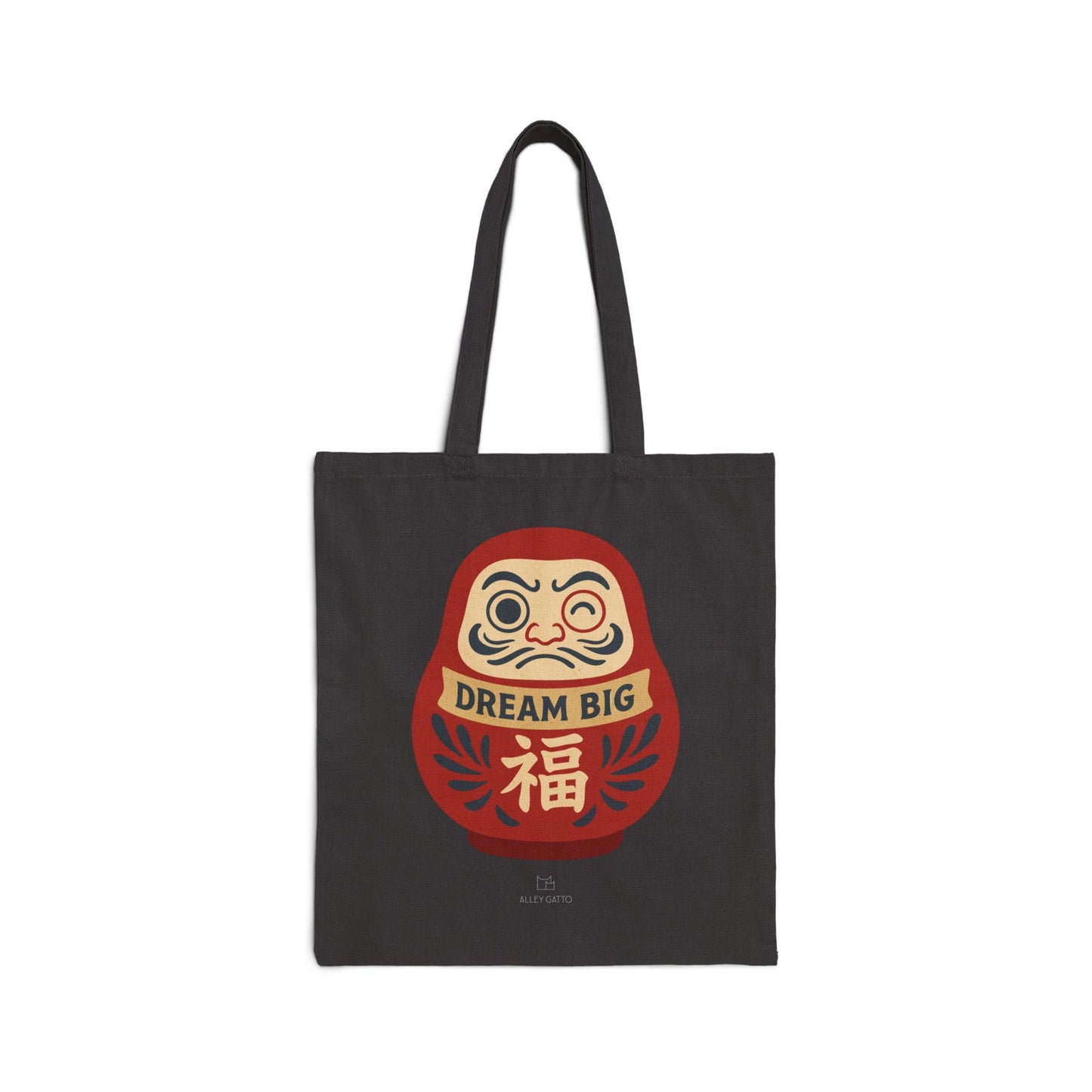 Good Luck Charm Tote Japanese Style Shopping Bag Make a Wish Dream Come True Inspiration Daruma Doll Design Heavy Duty Canvas Construction Comfortable Shoulder Straps Daily Essential Asian Pattern Elements Natural Fabric Quality Fortune