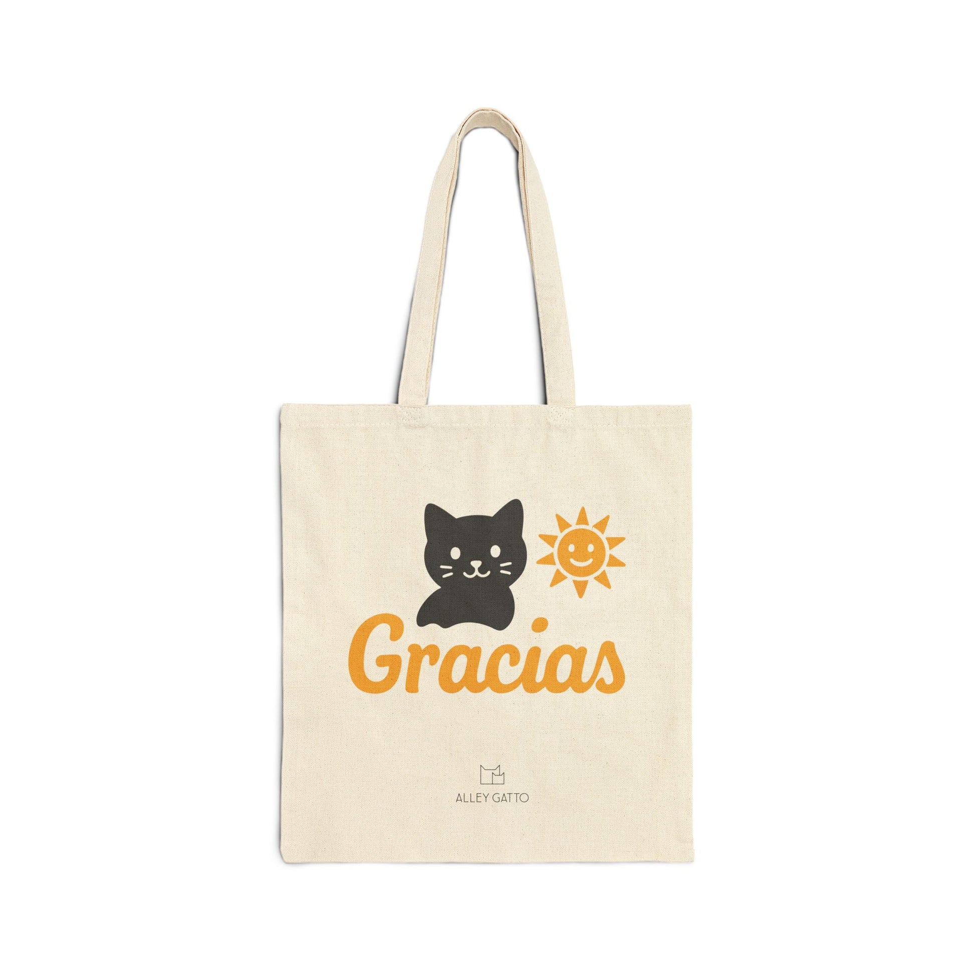 Black Cat Design Tote Large Shopping Bag Thank You Gracias Gift Canvas Construction Artistic Pattern Collection Heavy Duty Material Perfect For Cat Lovers Everyday Carry Essential Comfortable Shoulder Straps Beautiful Illustration Style