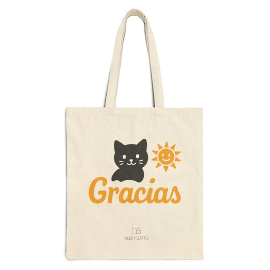 Black Cat Design Tote Large Shopping Bag Thank You Gracias Gift Canvas Construction Artistic Pattern Collection Heavy Duty Material Perfect For Cat Lovers Everyday Carry Essential Comfortable Shoulder Straps Beautiful Illustration Style