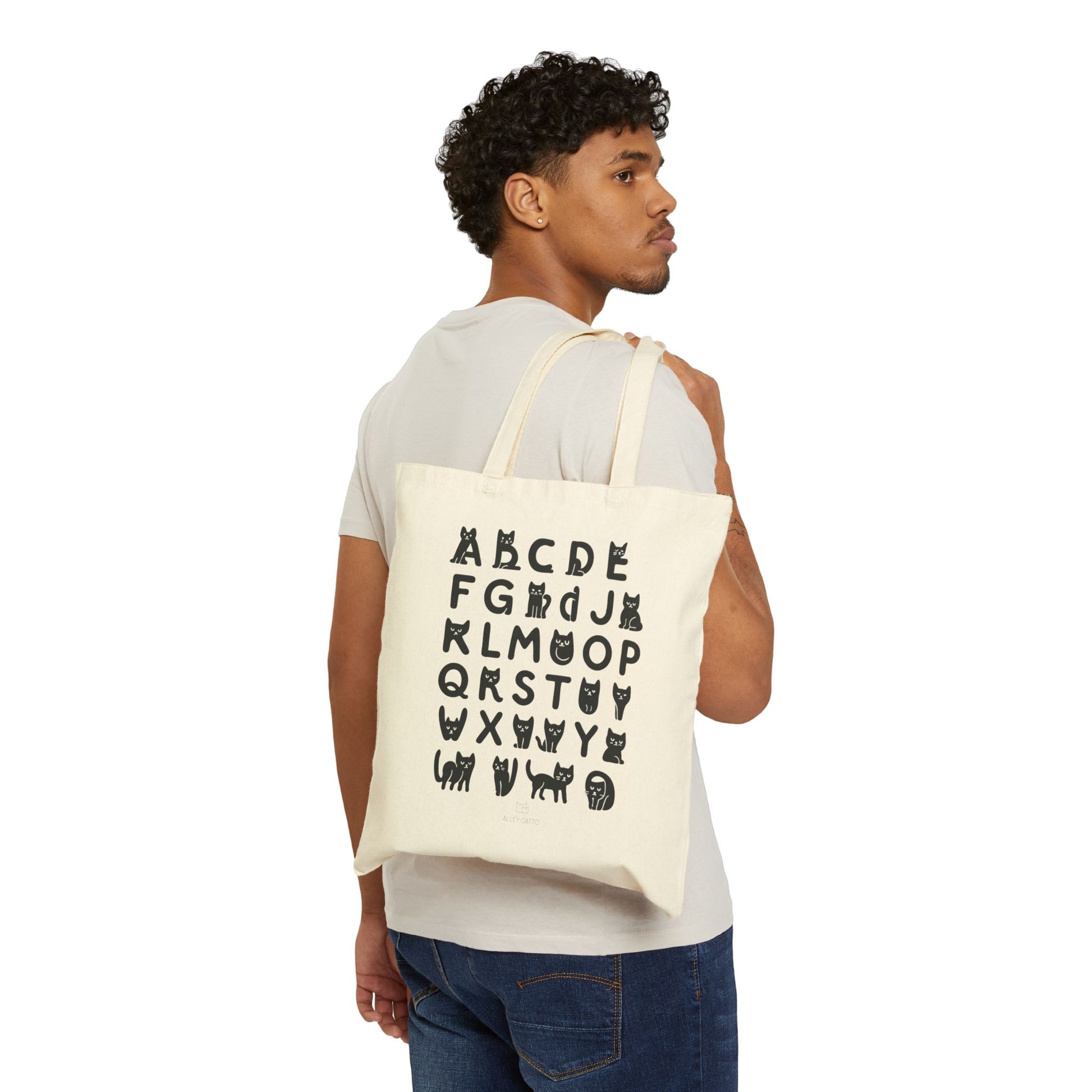Large Canvas Book Tote Alphabet Cat Letter Design Teacher Gift Cat Lover Storage Solution Durable Cotton Construction Classroom Supply Carrier Natural Color Heavy Duty Material Comfortable Handles Educational Resource