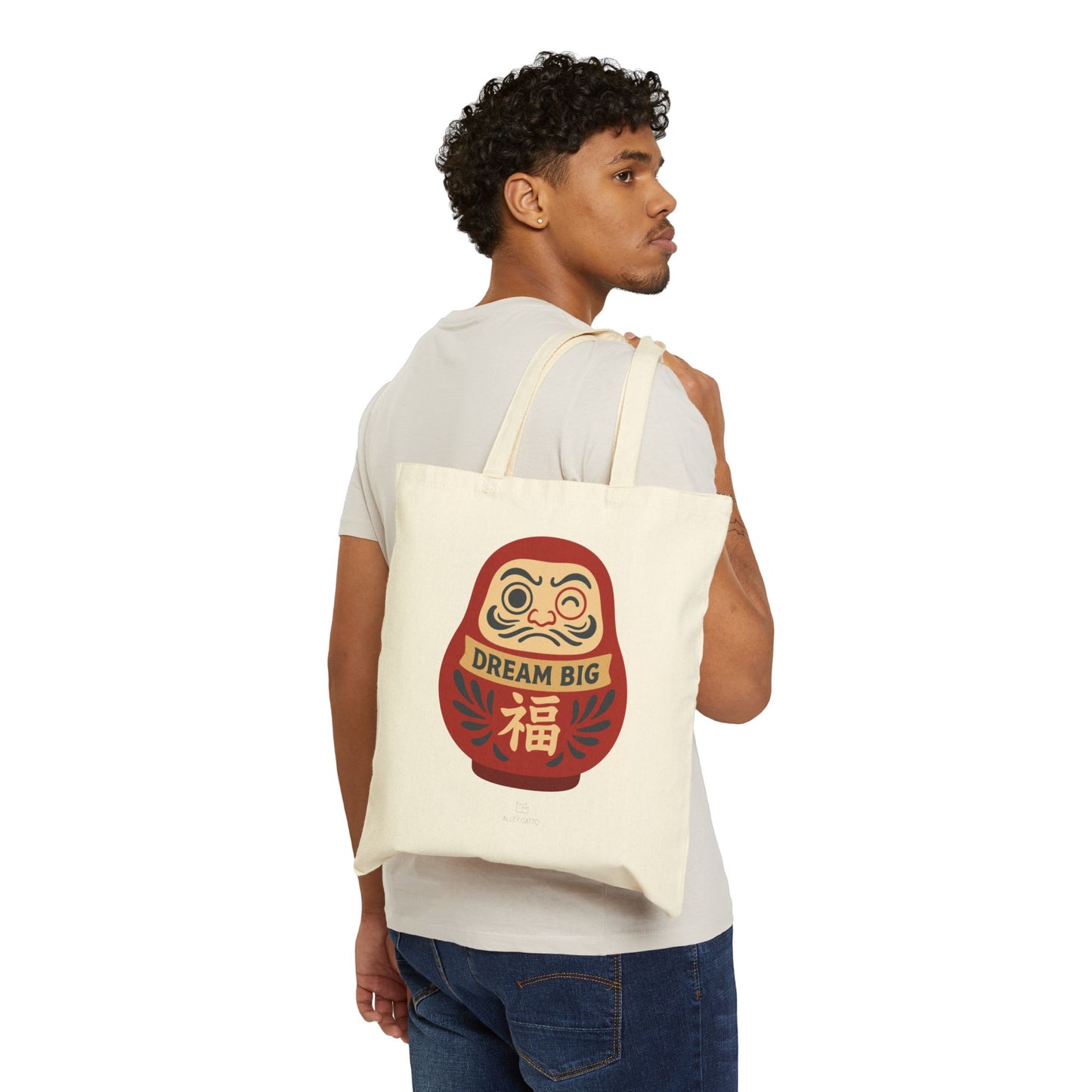 Asian Style Shopping Tote Japanese Design Elements Dream Big Message Daruma Doll Pattern Good Luck Charm Make a Wish Symbol Dream Come True Heavy Duty Canvas Construction Comfortable Carry Essential Daily Use Natural Fabric Quality