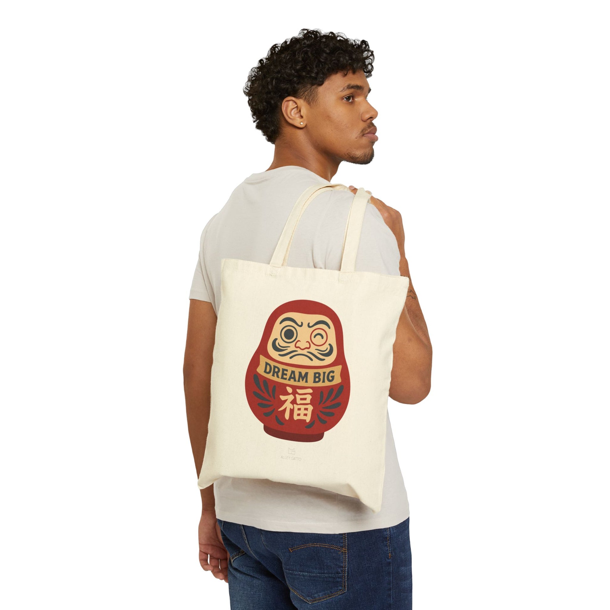 Asian Style Shopping Tote Japanese Design Elements Dream Big Message Daruma Doll Pattern Good Luck Charm Make a Wish Symbol Dream Come True Heavy Duty Canvas Construction Comfortable Carry Essential Daily Use Natural Fabric Quality