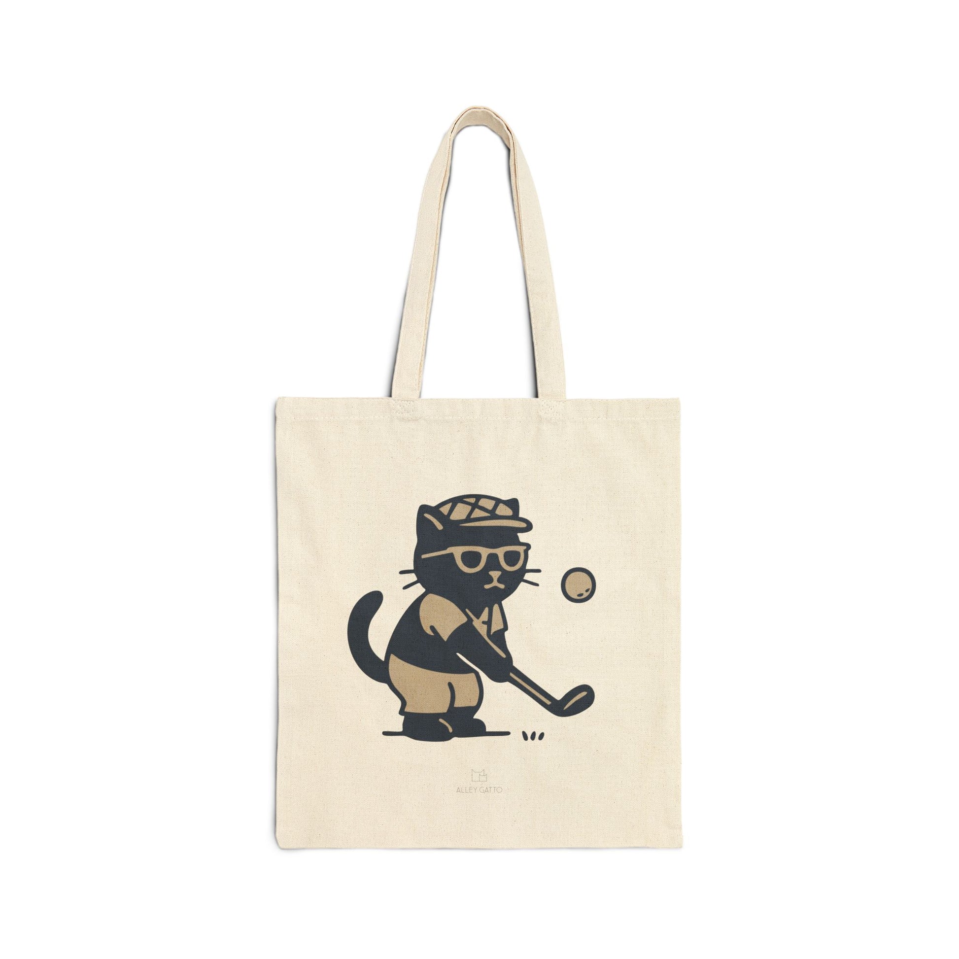 Large Canvas Tote Bag Golf Cat Cartoon Print Natural Cotton Material Shopping Carry All Design Comfortable Shoulder Straps Market Style Everyday Use Essential Black Artwork Details Practical Storage Solution Unique Gift Idea Premium Quality