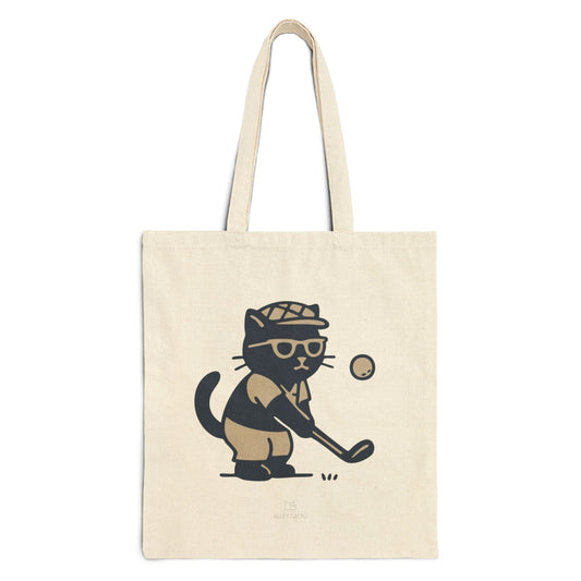 Large Canvas Tote Bag Golf Cat Cartoon Print Natural Cotton Material Shopping Carry All Design Comfortable Shoulder Straps Market Style Everyday Use Essential Black Artwork Details Practical Storage Solution Unique Gift Idea Premium Quality