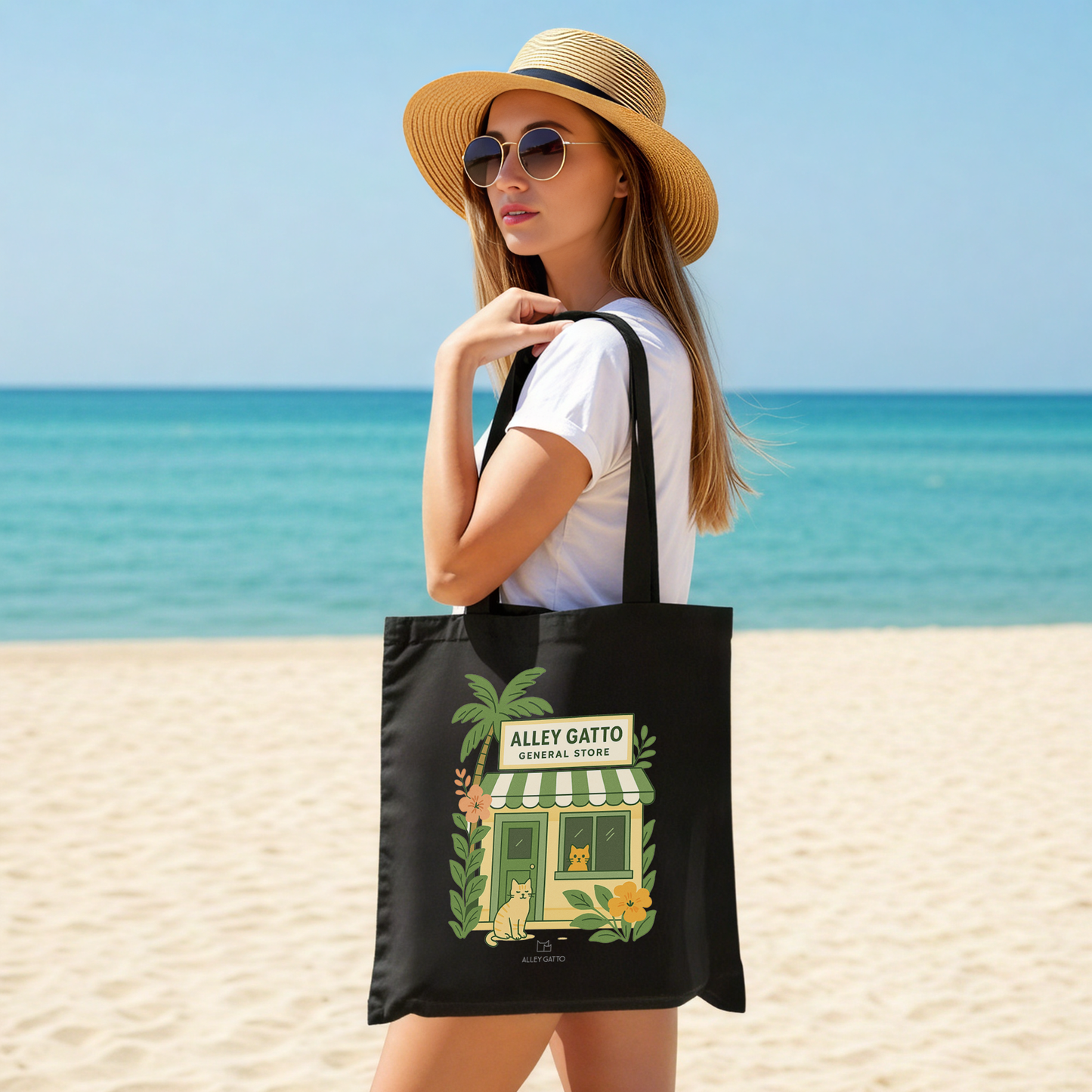 Market Shopping Tote Cotton Canvas Material Vintage Style Design Cat Pattern Illustration Beach Carry All Essential Large Size Construction Heavy Duty Quality Natural Color Choice Comfortable Handle Everyday Companion Perfect Gift Idea