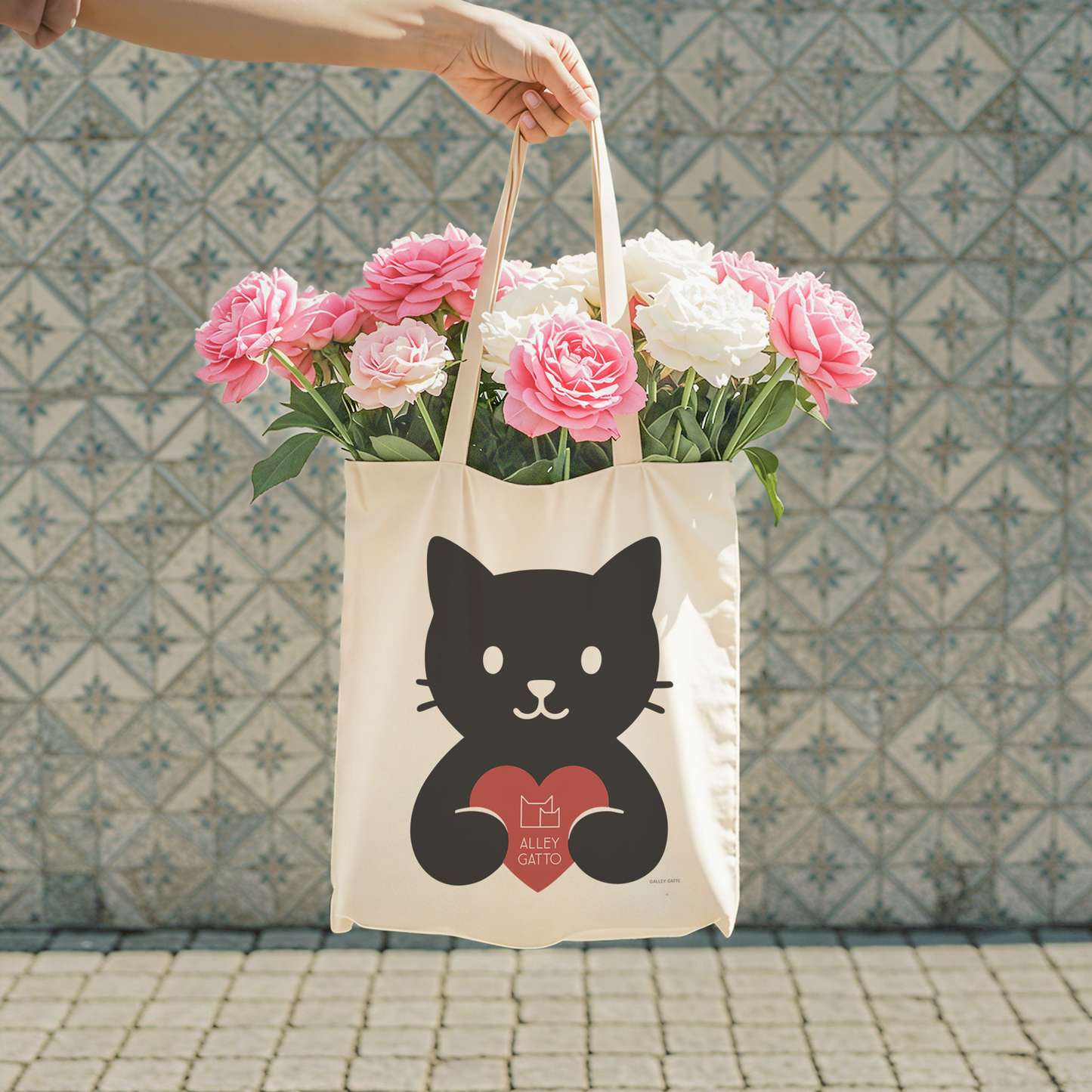 Thank You Gratitude Arigato Animal Lover Gift Tote Black Cat Heart Design Cotton Canvas Construction Natural Material Shopping Essential Market Bag Eco Conscious Carrier Beautiful Artistic Pattern Large Capacity Reusable