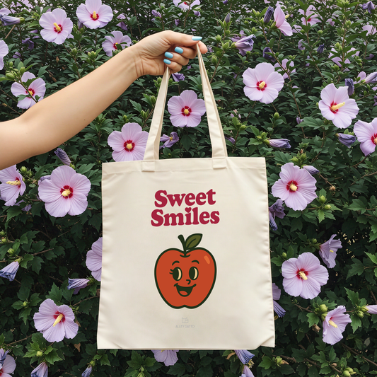 Retro Fruit Design Cotton Canvas Tote Kawaii Character Happy Smile Vintage Style Market Bag Quality Construction Durable Shopping Companion Summer Beach Essential Eco Friendly Material Large Capacity Carryall Artistic Illustration Style
