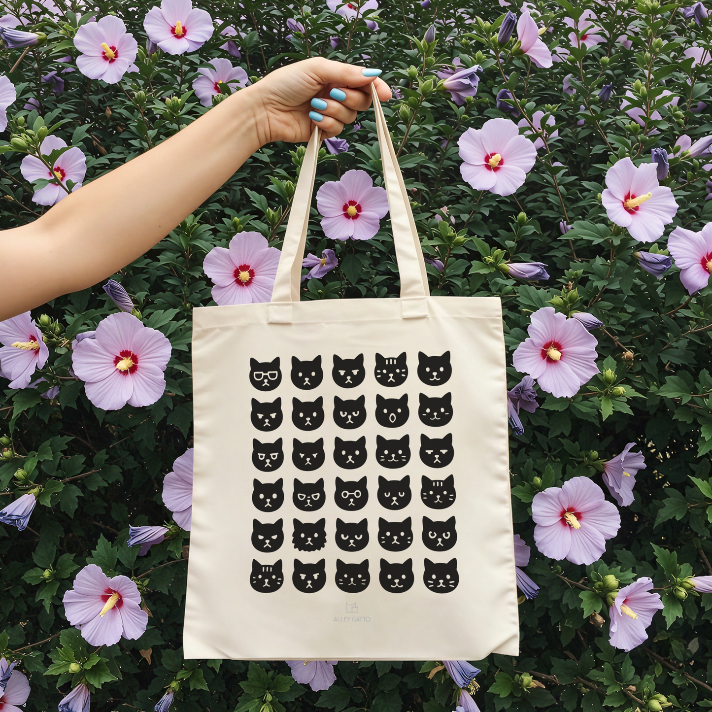 Heavy Duty Canvas Tote Premium Quality Construction Black Cat Pattern Design Fashion Forward Accessory Practical Shopping Companion Durable Cotton Material Multiple Face Print Natural Color Base Beautiful Artistic Details