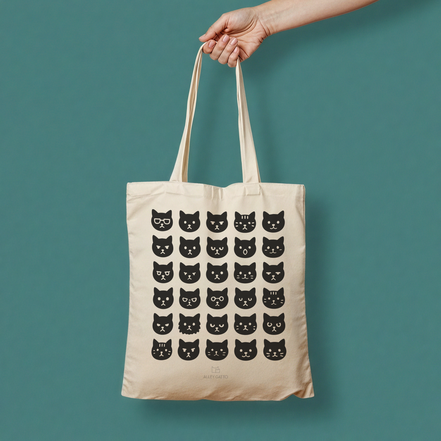 Black Cat Design Canvas Tote Premium Quality Construction Heavy Duty Cotton Material Fashion Forward Accessory Stylish Shopping Companion Durable Daily Use Essential Comfortable Shoulder Straps Multiple Cat Face Pattern Natural Color Base