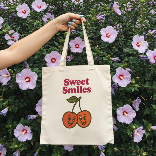 Retro Cherry Design Cotton Canvas Tote Large Shopping Bag Market Essential Carry All Summer Style Beach Tote Vintage Pattern Details Premium Quality Construction Long Handle Design Burgundy Accent Collection Eco Friendly Material Kawaii