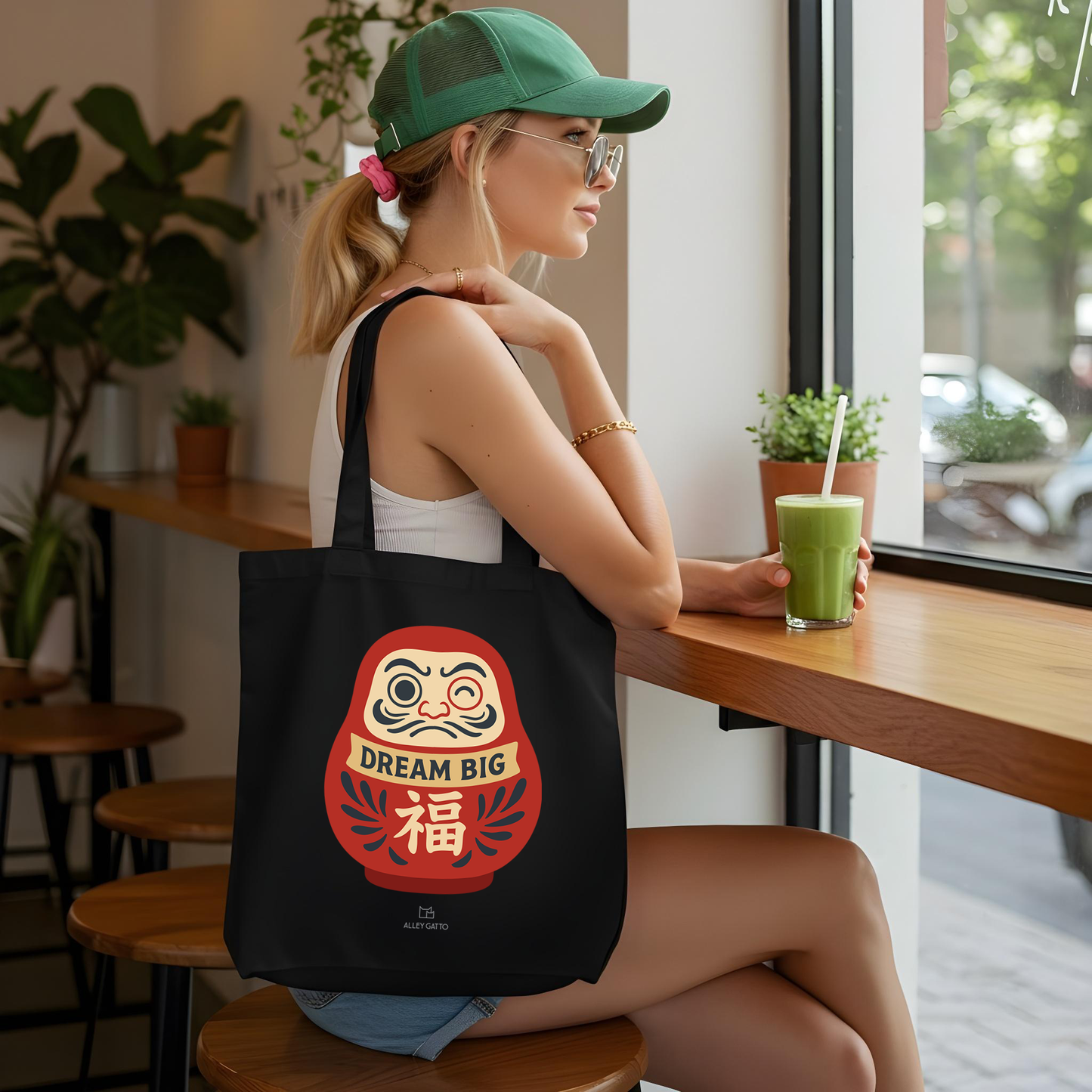 Natural Canvas Shopping Tote Japanese Style Pattern Dream Big Message Daruma Doll Design Good Luck Charm Make A Wish Dream Come True Heavy Duty Construction Comfortable Daily Use Asian Inspiration Elements Quality Material Fortune Symbol