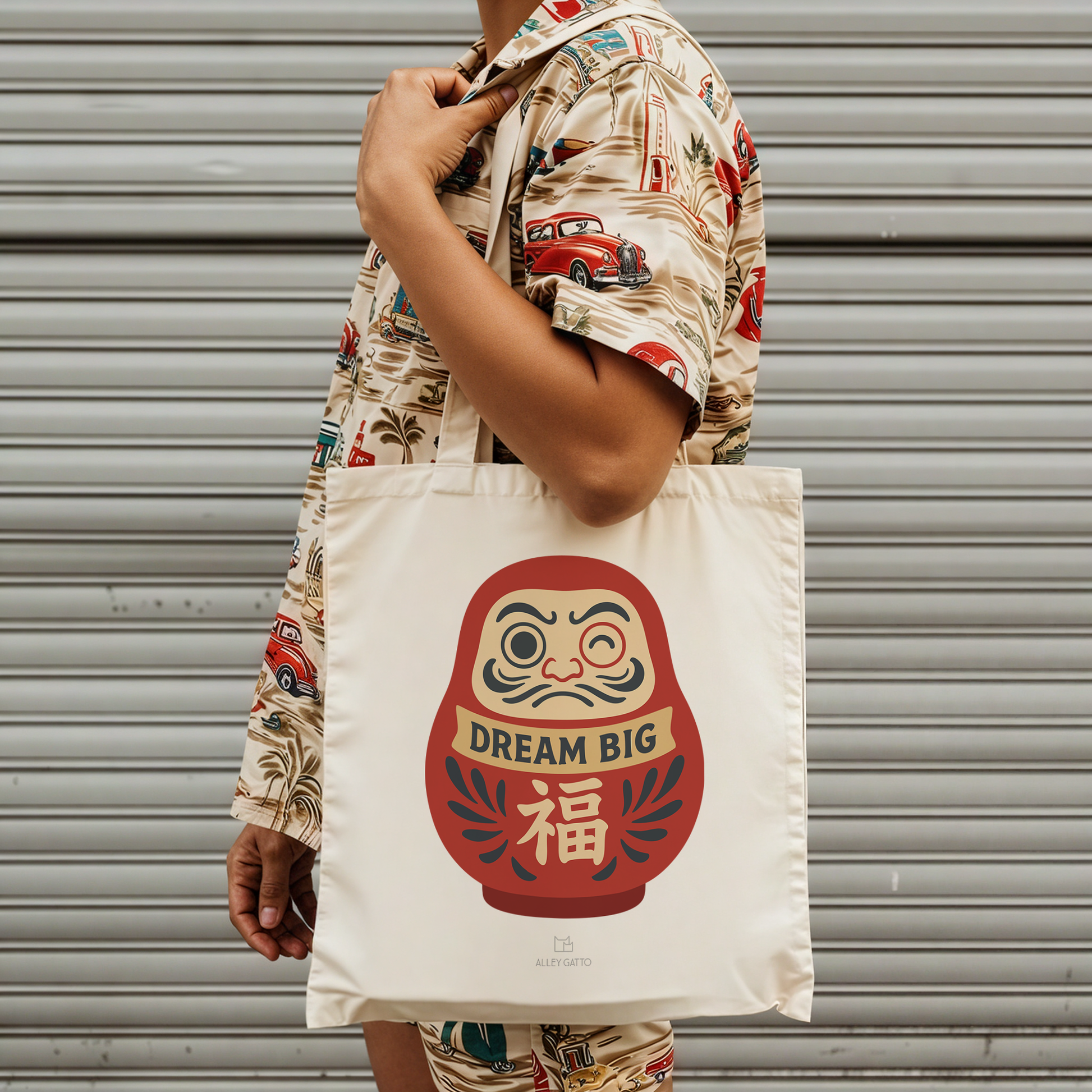 Japanese Canvas Tote Bag Daruma Doll Design Dream Big Make a Wish Shopping Bag Heavy Duty Cotton Construction Comfortable Shoulder Straps Daily Use Essential Asian Style Pattern Good Luck Charm Dream Come True Natural Fabric Quality