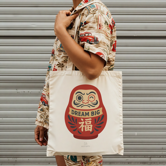 Japanese Canvas Tote Bag Daruma Doll Design Dream Big Make a Wish Shopping Bag Heavy Duty Cotton Construction Comfortable Shoulder Straps Daily Use Essential Asian Style Pattern Good Luck Charm Dream Come True Natural Fabric Quality