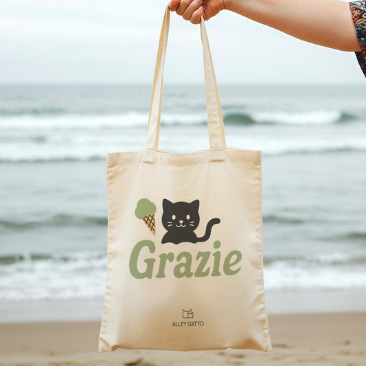 Black Cat Design Canvas Tote Large Shopping Bag Retro Style Italian Text Green Ice Cream Artwork Heavy Duty Cotton Construction Comfortable Shoulder Straps Beach Market Carrier Unique Thank You Gift Idea Beautiful Illustration Art