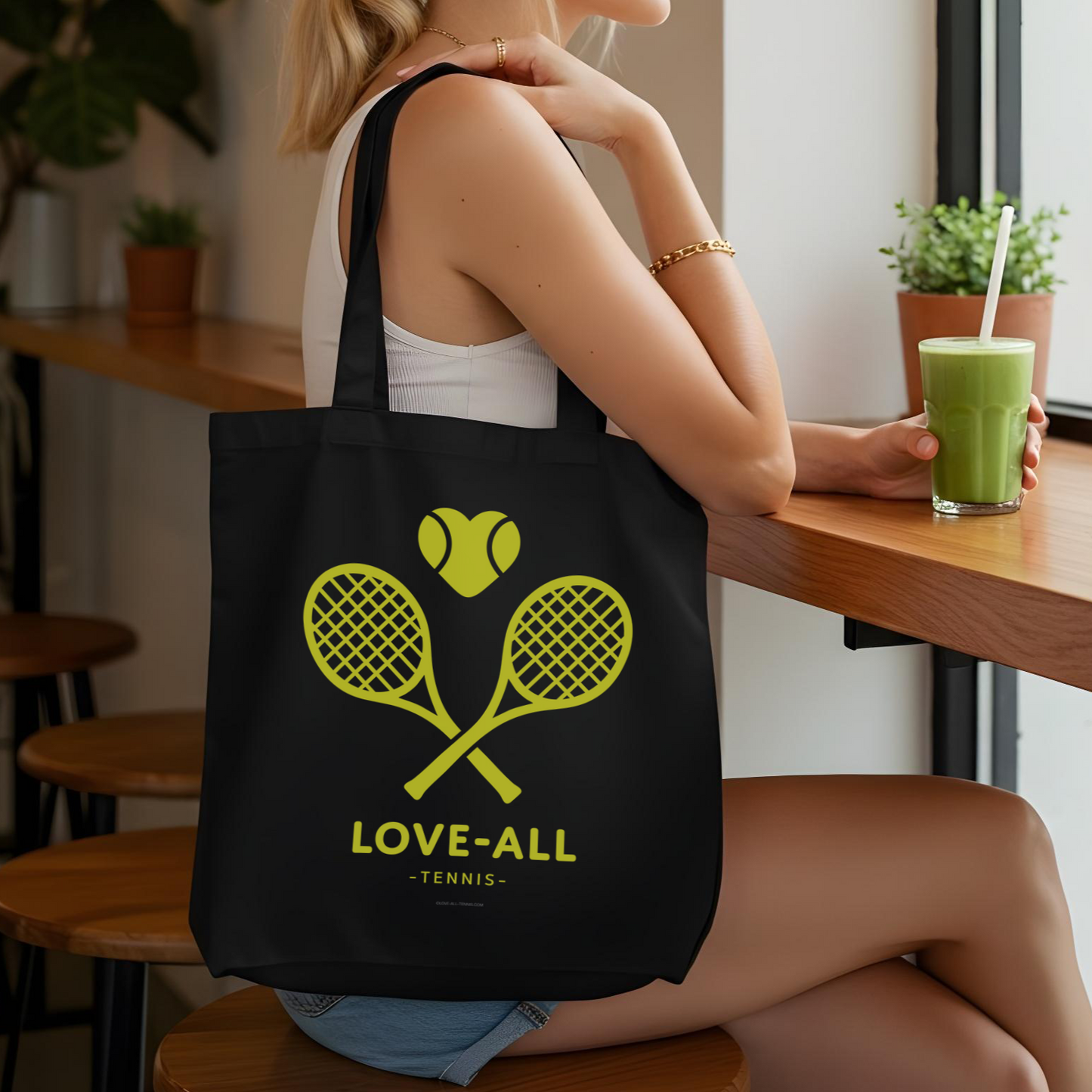 Tennis Tote Bag Black Canvas Design Heart Racket Pattern Court Accessory Storage Fashion Style Sport Gear Carry All Tennis Player Gift Premium Quality Construction Comfortable Shoulder Straps Retro Style Lettering Love All Tennis Collection