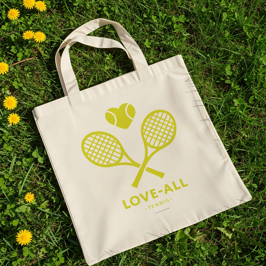 Tennis Tote Bag Black Canvas Design Heart Racket Pattern Court Accessory Storage Fashion Style Sport Gear Carry All Tennis Player Gift Premium Quality Construction Comfortable Shoulder Straps Retro Style Lettering Love All Tennis Collection