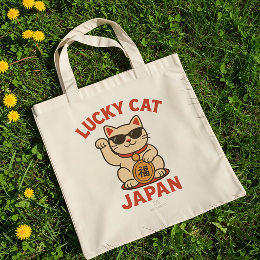 Japanese Luckey Cut Cat Canvas Tote Bag Black Cotton Material Fashion Forward Design Art Print Shopping Carrier Daily Essential Storage Solution Stylish Shoulder Handles Quality Construction Modern Asian Inspired Pattern Unique Graphic