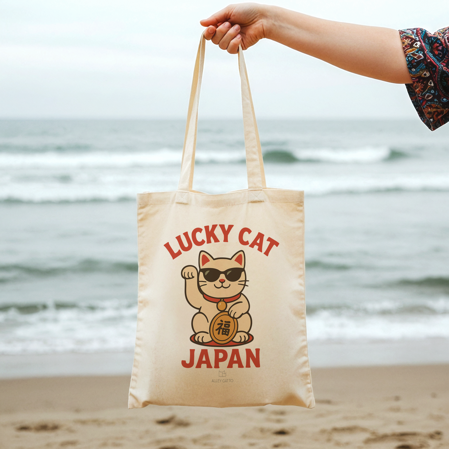 Black Canvas Shopping Bag Japanese Art Design Luckey Cut Pattern Premium Quality Material Daily Carry Essential Modern Fashion Statement Unique Asian Inspired Graphic Art Print Storage Solution Stylish Shoulder Handles Gift Idea Perfect