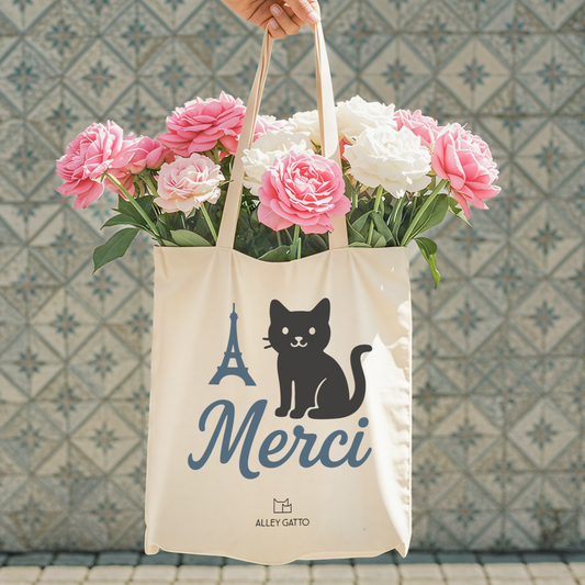 French Black Cat Design Cotton Canvas Tote Large Market Shopping Bag Paris Theme Print Eiffel Tower Artwork Retro Style Travel Essential Burgundy Merci Text Heavy Duty Construction Comfortable Shoulder Straps Spacious Interior Daily Use