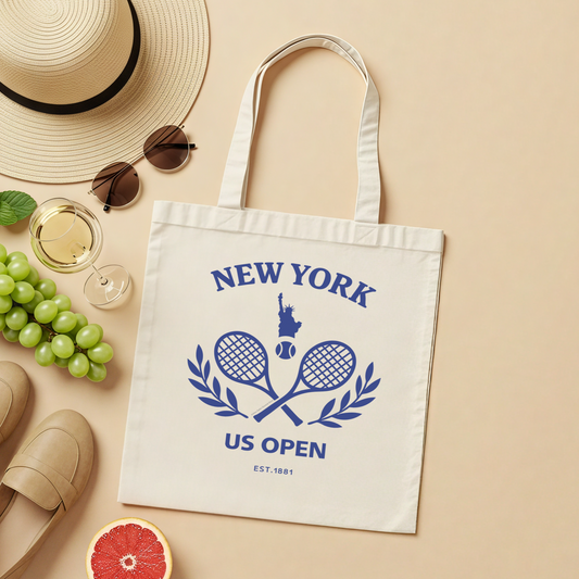 Tennis Canvas Tote Bag for New Yorker Sport Gear Storage Essential Match Day Carry All Tennis Theme Design for Tennis Fan Gift Idea Heavy Duty Construction Natural Cotton Material Shoulder Handle Style Practice Court Accessory Tournament