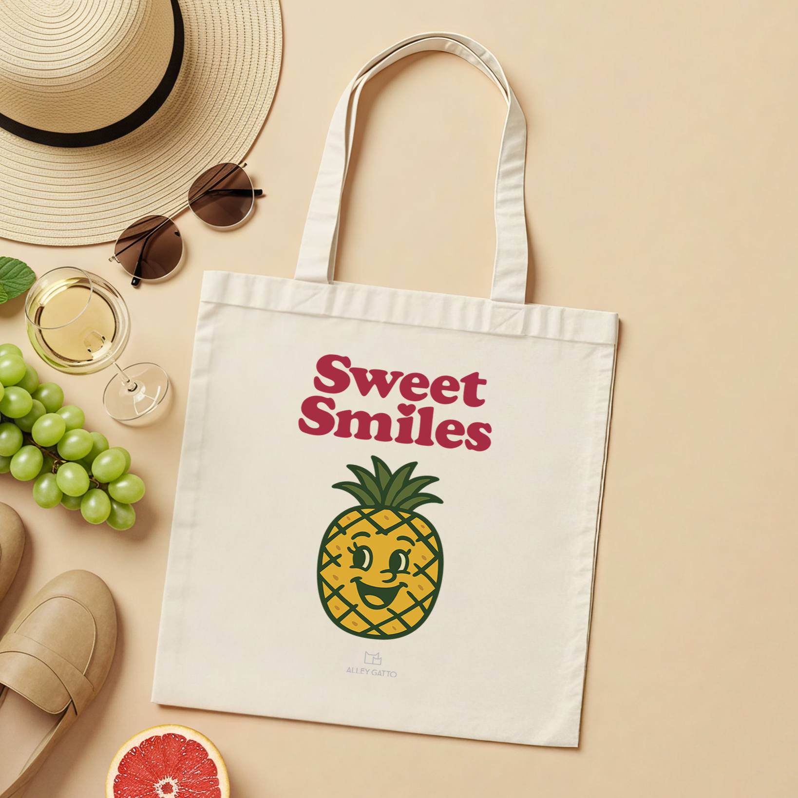 Sweet Smiles Collection Series Cotton Canvas Tote with Happy Retro Fruit Character Design Shopping Bag Collection Long Handle Heavy Duty Material Sweet Fashion Style Kawaii Smiling Fruit Face Pattern Reusable Market Bag Eco Friendly Carry
