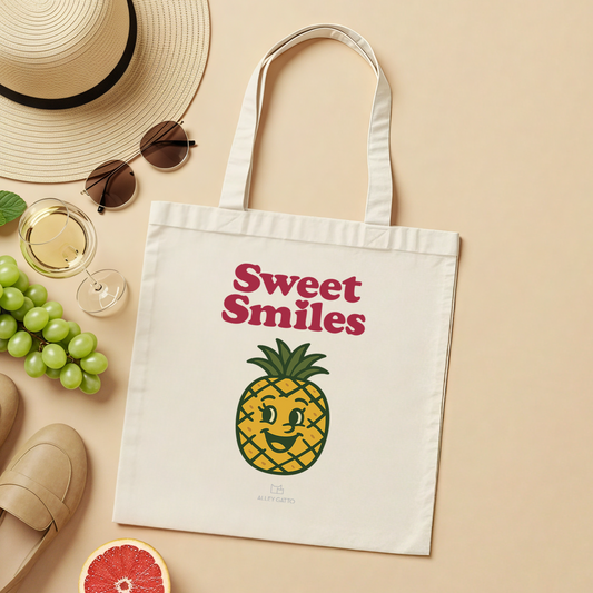 Sweet Smiles Collection Series Cotton Canvas Tote with Happy Retro Fruit Character Design Shopping Bag Collection Long Handle Heavy Duty Material Sweet Fashion Style Kawaii Smiling Fruit Face Pattern Reusable Market Bag Eco Friendly Carry