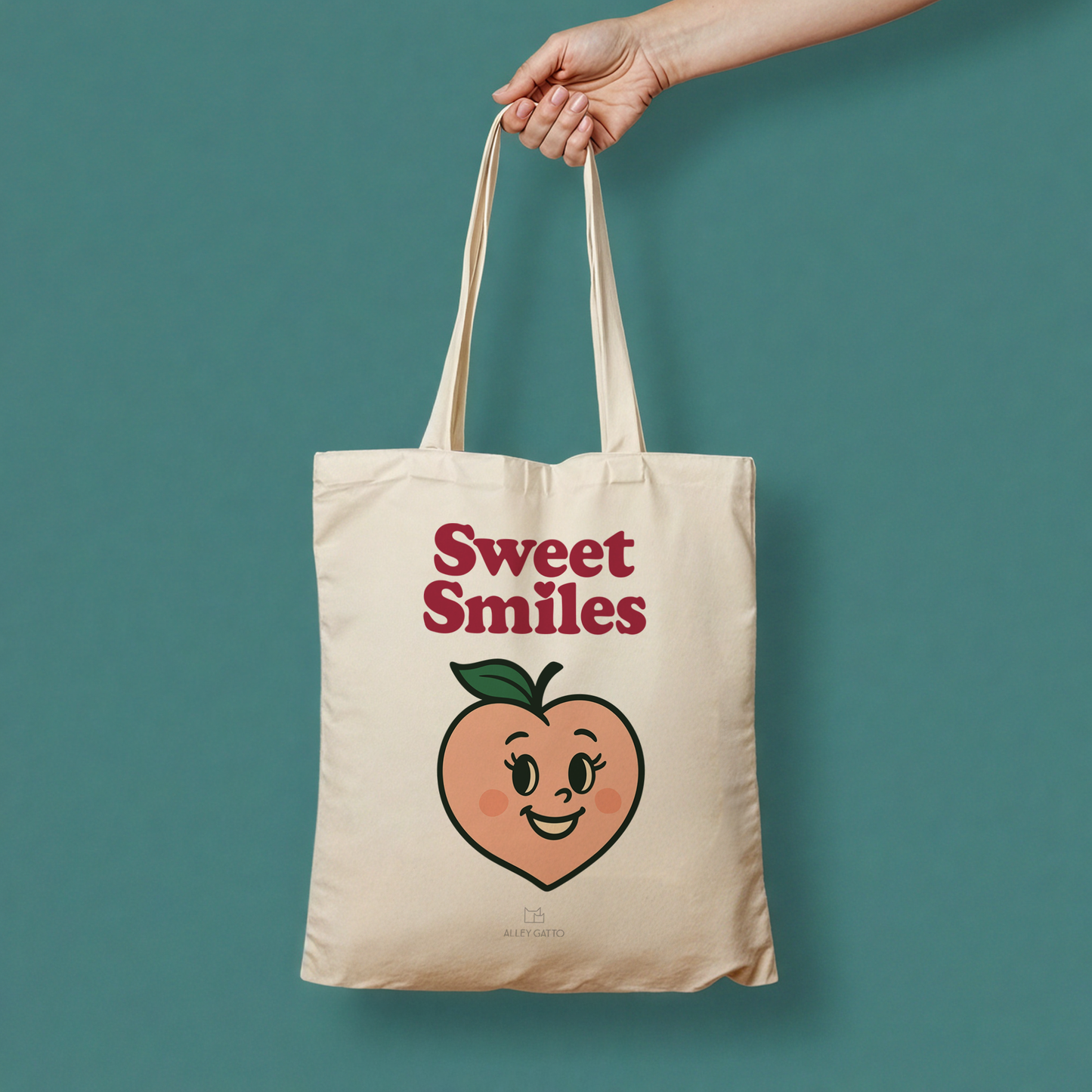 Vintage Style Tote Canvas Material Retro Peach Pattern Natural Cream Design Shopping Essential Market Carryall Heavy Cotton Construction Beach Summer Accessory Reusable Grocery Bag Fashion Forward Style Long Handle Comfort