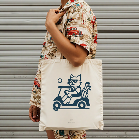 Cat Golf Design Canvas Tote Bag Heavy Duty Cotton Construction Large Capacity Storage Shoulder Strap Comfort Retro Style Artwork Natural Black Color Options Burgundy Print Details Premium Quality Material Beach Country Club Accessory