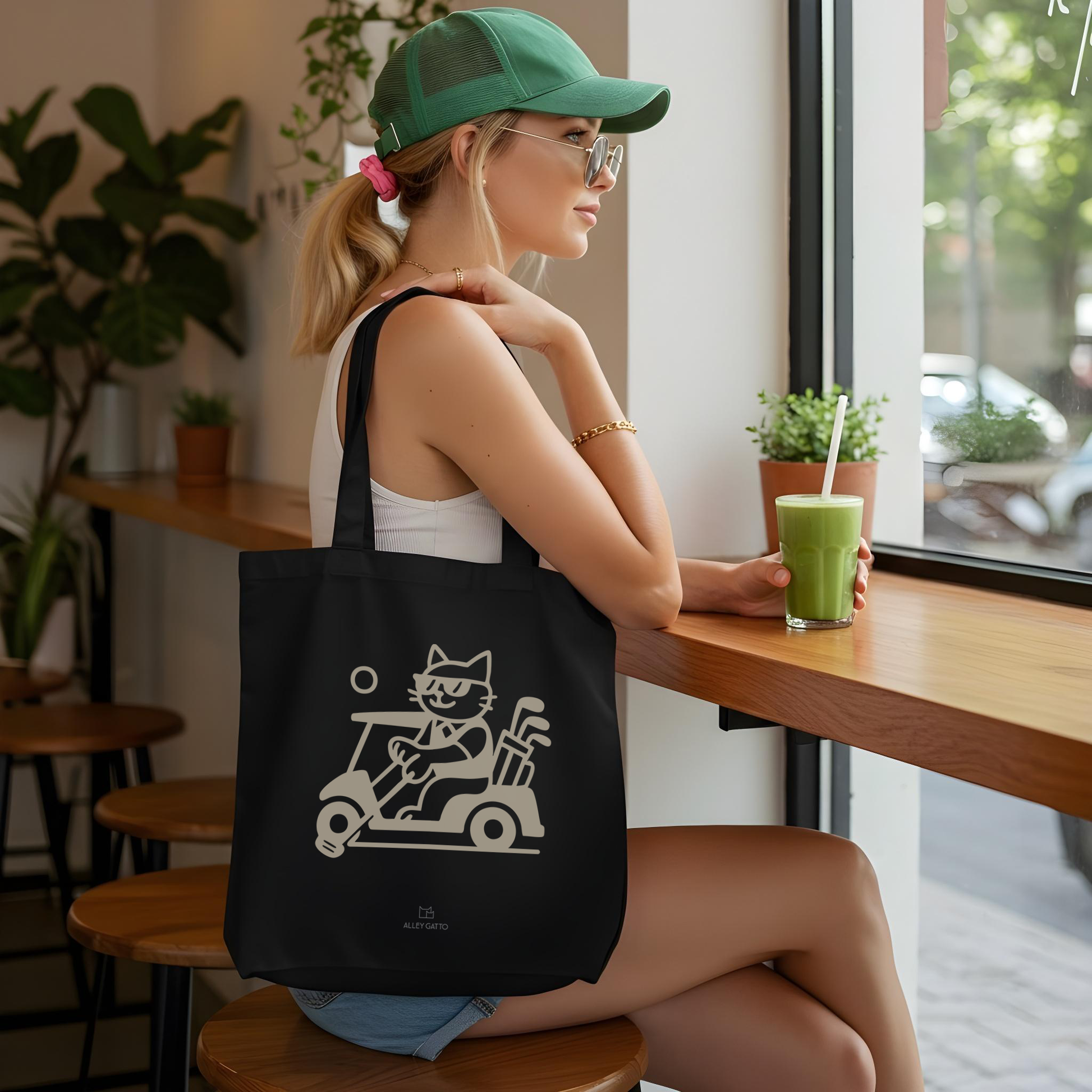 Retro Style Cat Golf Country Club Print Canvas Tote Bag Premium Cotton Construction Large Capacity Storage Comfortable Carrying Straps Perfect Gift Idea Natural Black Color Options Burgundy Artwork Details Beach Market Shopping Essential