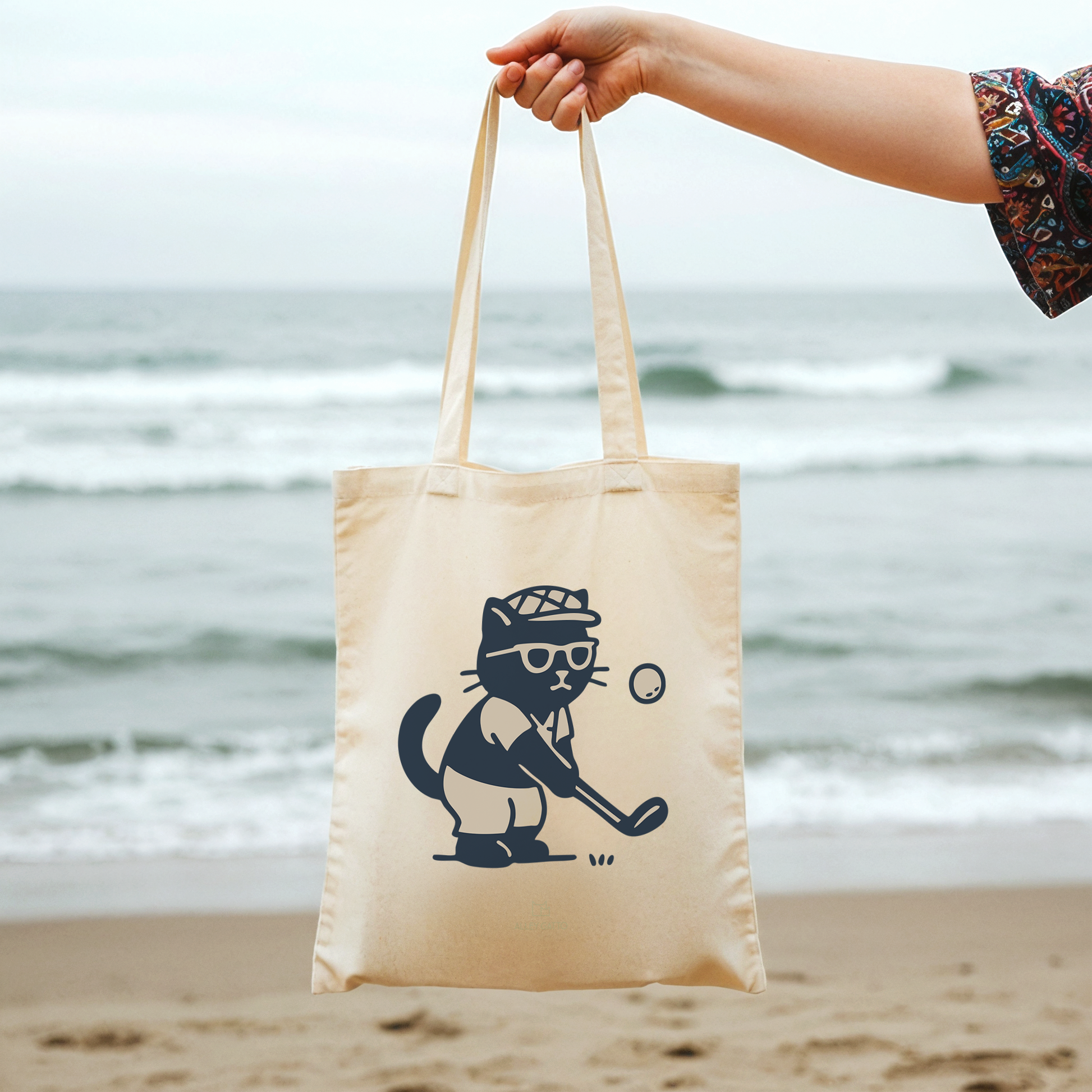 Golf Cat Design Canvas Tote Heavy Duty Cotton Material Comfortable Shoulder Straps Natural Color Shopping Bag Black Print Cartoon Style Market Carry All Purpose Large Size Everyday Use Practical Storage Golf Enthusiast Gift Unique Accessory