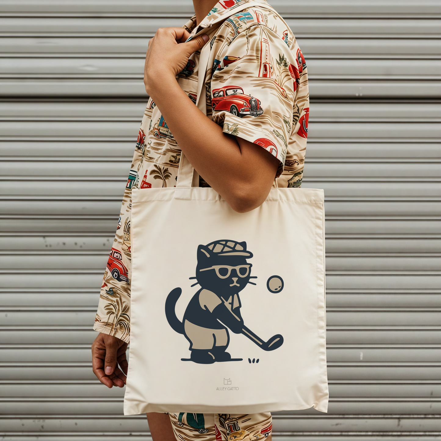 Cartoon Cat Golf Design Large Cotton Tote Natural Canvas Material Comfortable Shopping Bag Practical Carry All Purpose Black Print Artwork Unique Style Market Bag Shoulder Strap Design Durable Construction Daily Use Essential Gift Idea