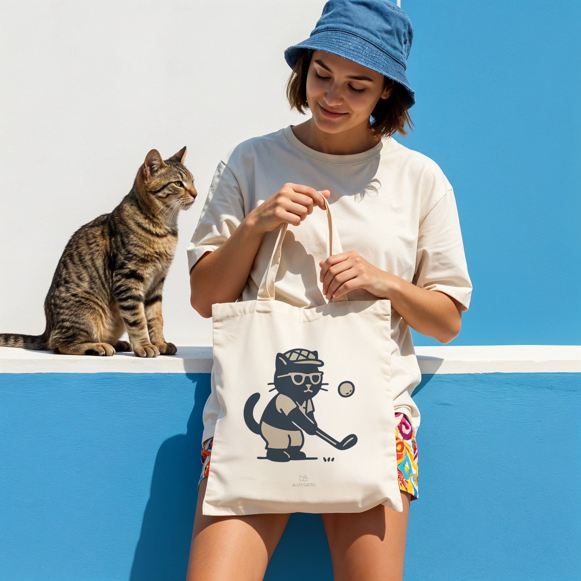 Golf Cat Design Canvas Tote Heavy Duty Cotton Material Comfortable Shoulder Straps Natural Color Shopping Bag Black Print Cartoon Style Market Carry All Purpose Large Size Everyday Use Practical Storage Golf Enthusiast Gift Unique Accessory