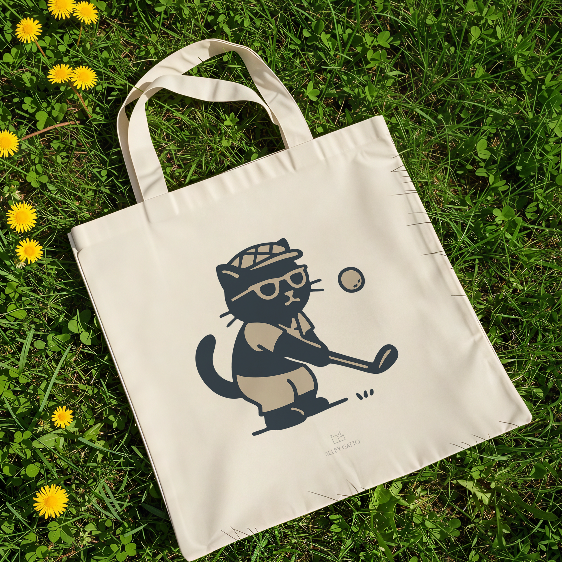 Golf Cat Design Canvas Tote Heavy Duty Cotton Material Comfortable Shoulder Straps Natural Color Shopping Bag Black Print Cartoon Style Market Carry All Purpose Large Size Everyday Use Practical Storage Golf Enthusiast Gift Unique Accessory
