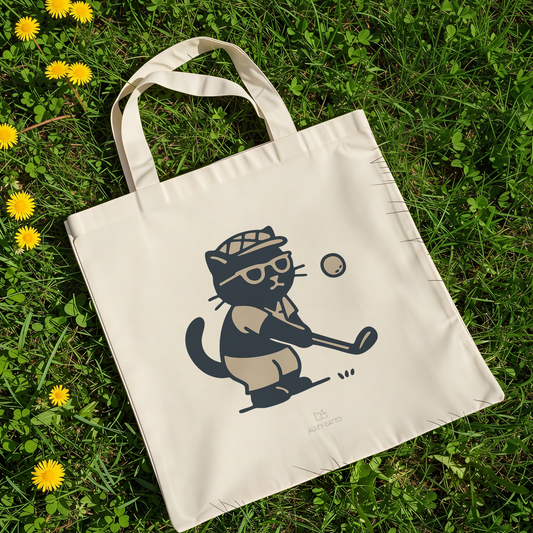 Golf Cat Design Canvas Tote Heavy Duty Cotton Material Comfortable Shoulder Straps Natural Color Shopping Bag Black Print Cartoon Style Market Carry All Purpose Large Size Everyday Use Practical Storage Golf Enthusiast Gift Unique Accessory